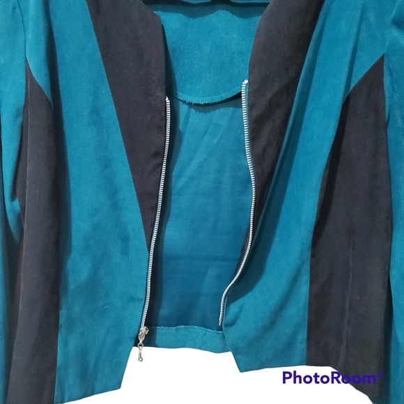 VTG Maren Petite Color block Teal & Black Suede Blazer Jacket Size 14P Retro - Picture 3 of 8